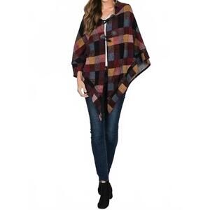 NEW STYLE USA cool nights hooded poncho in burgundy plaid